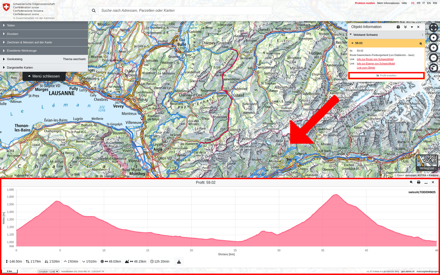 Anzeige des Höhenprofils