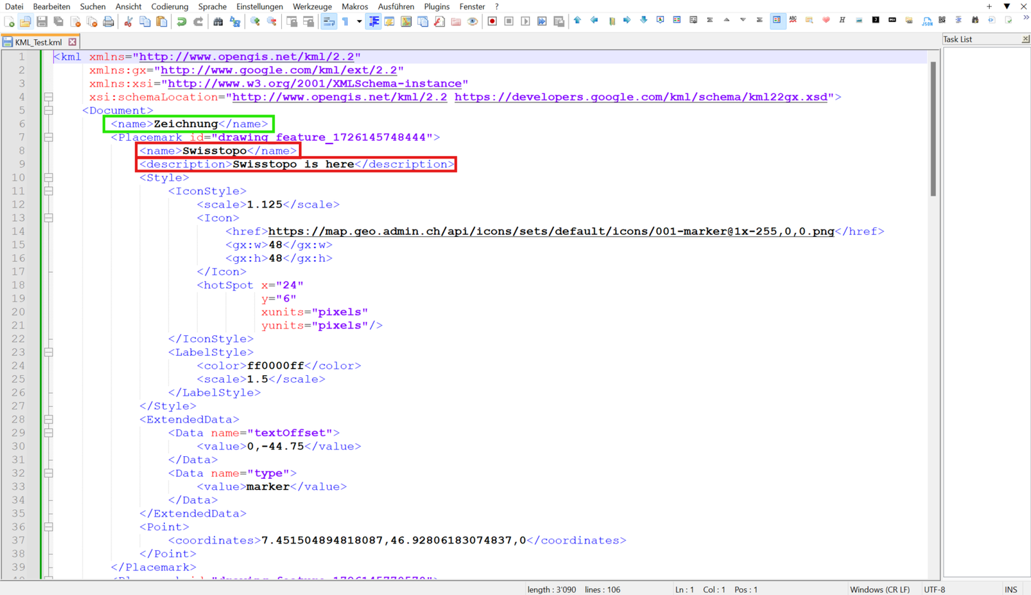 Name und Beschreibung eines KML-Elements