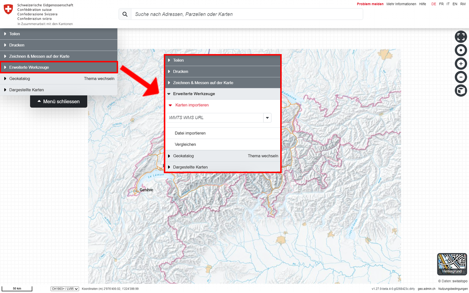 Erweiterte Werkzeuge Menu