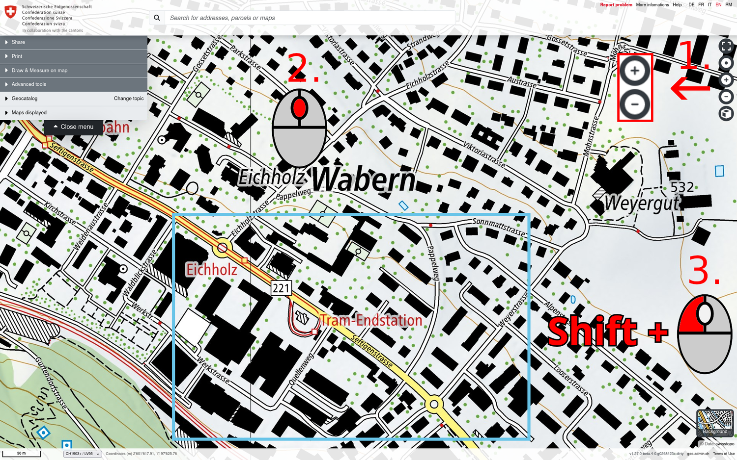 The 3 options to change the scale of the map