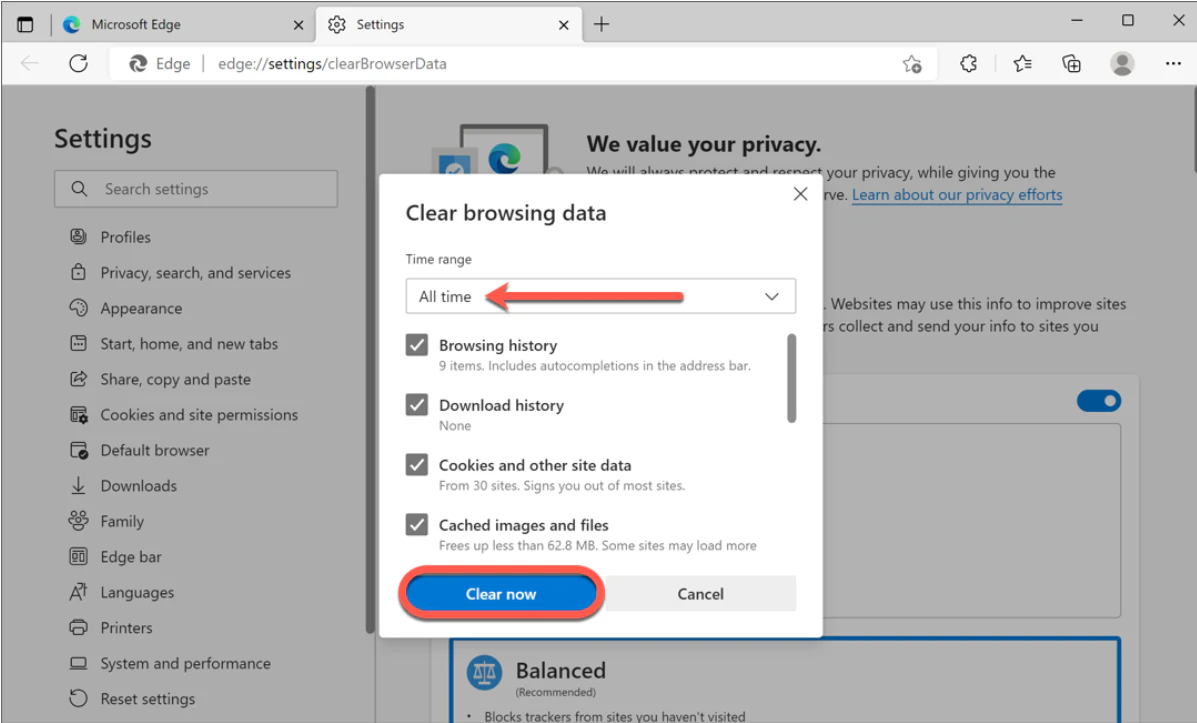 Clear cache on Edge browser