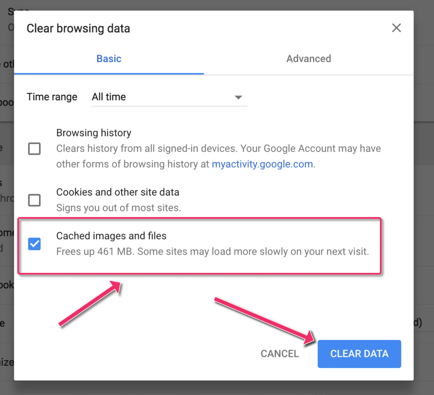 Clear cache on Chrome browser