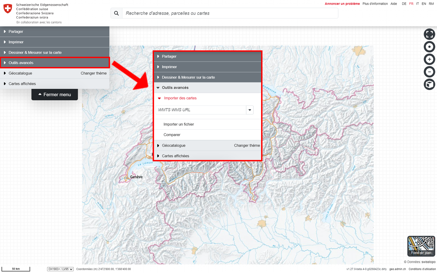 Menu des outils avancés