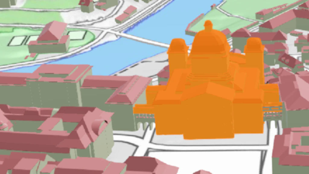 Les bâtiments et constructions en 3D sont cliquables et fournissent des informations générales.