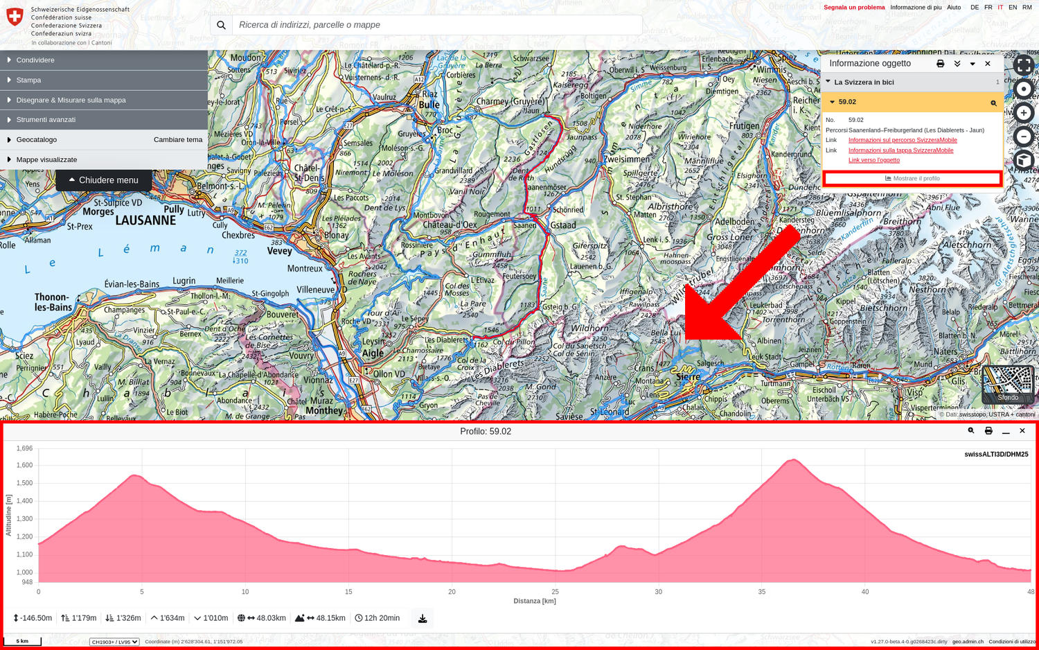 Visualizzazione del profilo altimetrico