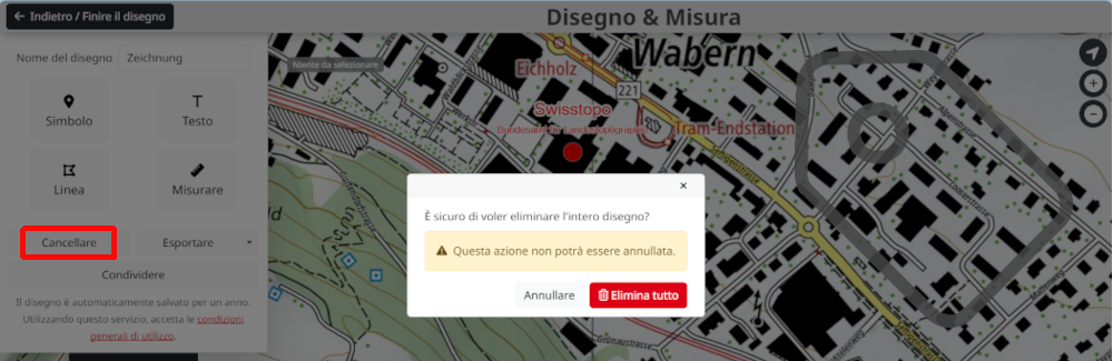 Avviso durante la cancellazione del disegno